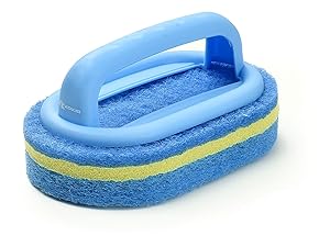 Series showing assembly of a cleaning tool with blue sponge base and yellow stripe, demonstrating attachment process.