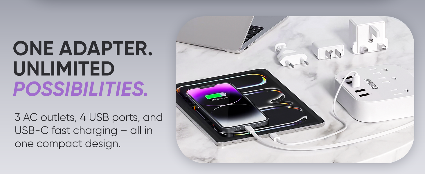 3 ac autlets, 4 usb ports and USb-c fast charging - all in one