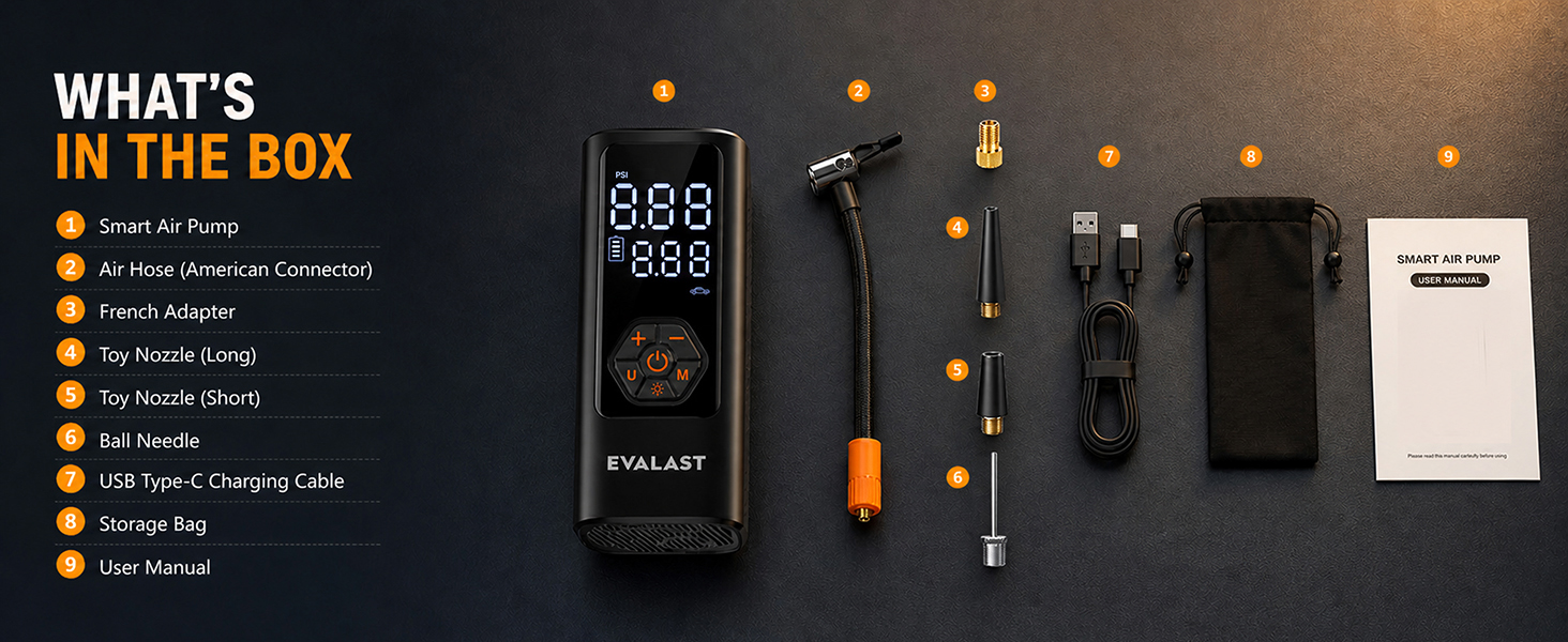 EVALAST tire inflator kit with hose, adapters, nozzles, ball needle, USB-C cable, bag and manual.
