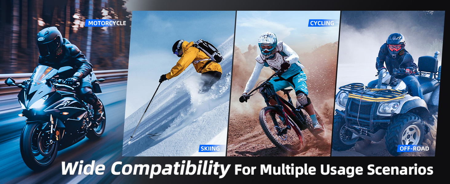 Collage showing device compatibility with various scenarios: motorcycle, snowmobile, dirt bike, and ATV riding. Text indicates 'Wide Compatibility For Multiple Usage Scenarios'.