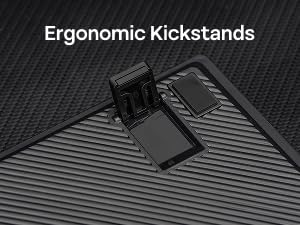Text reads 'Ergonomic Kickstands'. Multiple close-up views of dark-colored automotive or mechanical components showing various angles and positions.