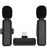 2 Pack Wireless Mini Lavalier Lapel Microphone for iPhone 15,Android Phone - 80ft Cordless Clip o...