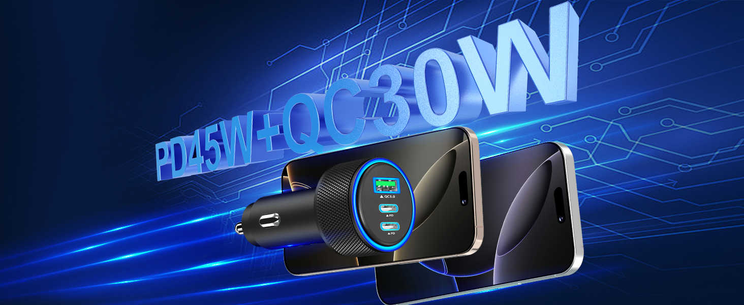 Text reads "POWER QC 80W". Car dual USB charger with digital display and dual ports, shown with smartphone attachment on blue circuit-pattern background.