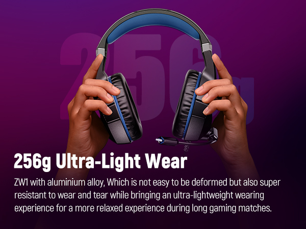 Blue and black gaming headphones held by hands against purple background. Text describes 256g ultra-light wear with aluminum alloy construction for durability and comfort.