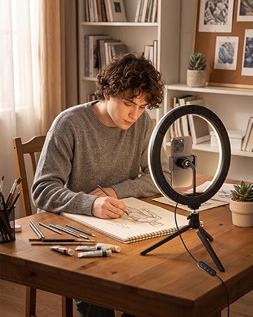 RGB ring light kit converts between floor and tabletop setups with phone holders and remote