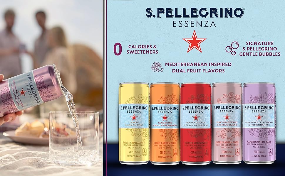 Colorful cans of San Pellegrino Essenza Fruit Flavored Mineral Water with Gentle Bubbles in Cans