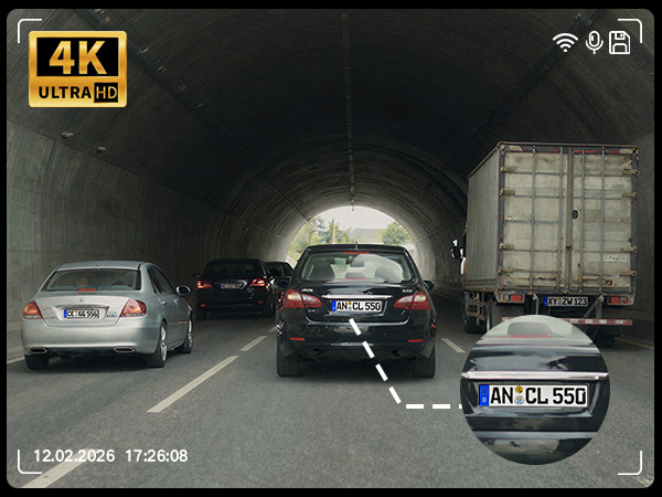 Text reads '4K ULTRA HD'. Dashcam footage showing vehicles in dark tunnel, with timestamp and recording indicators visible in corners.