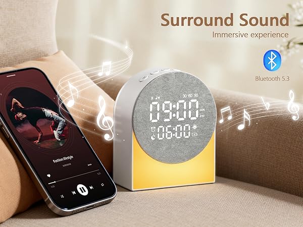 Text reads 'Surround Sound'. Interface screenshots showing mobile audio player screens with various timestamps like '03:00' and audio playback controls.