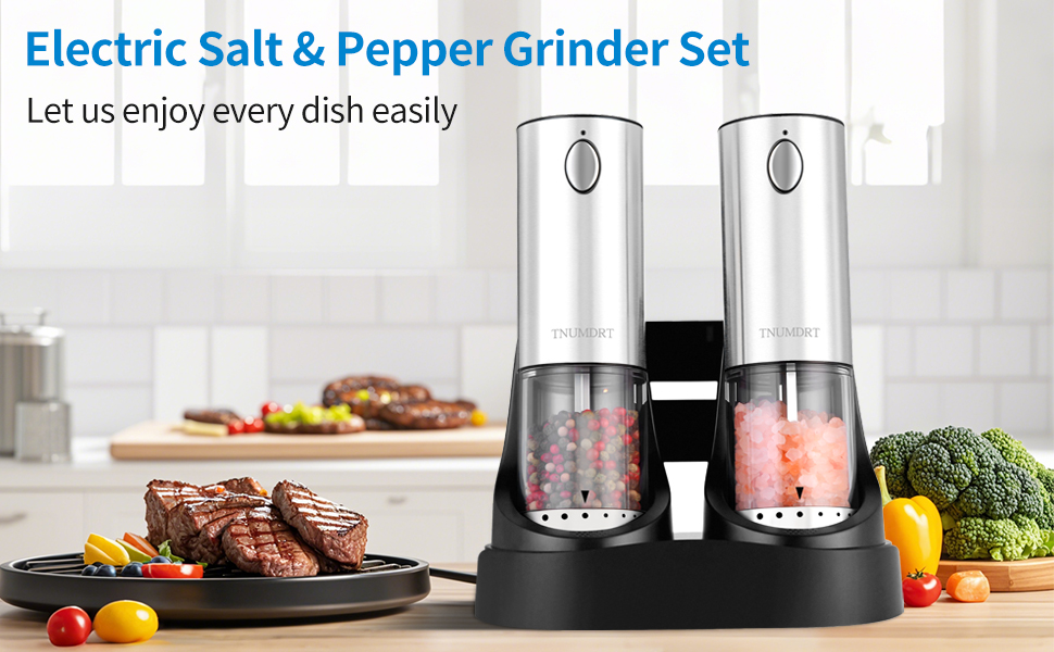 Electric Salt and Pepper Grinder Set Variable Grinding Speed, External Adjustable Coarseness