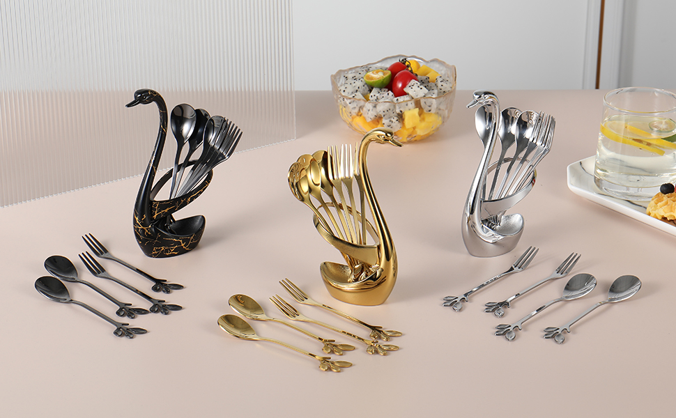 AnSaw stainless steel tableware, swan base stand and coffee spoon fruit fork set