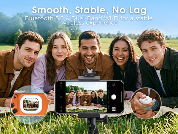 Text reads 'Smooth, Stable, No Lag'. Multiple photos showing groups of people outdoors using mobile devices and taking group photos.