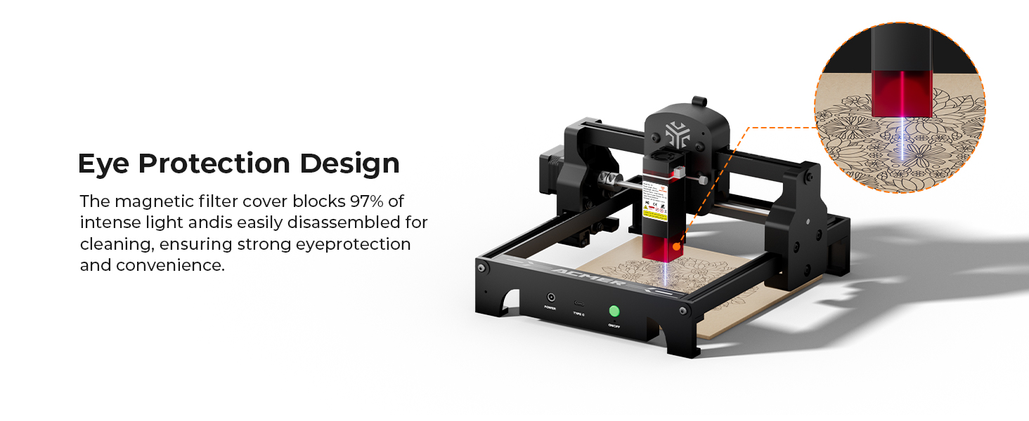 Text reads 'Eye Protection Design'. Laser engraving machine with red laser module and protective enclosure showing safety features.