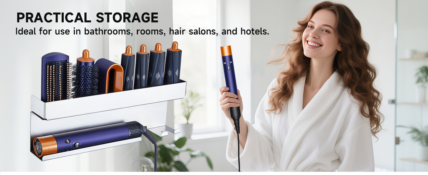 Text reads: 'PRACTICAL STORAGE'. Shows organizational system with multiple storage slots holding cosmetic products, demonstrated in bathroom and salon settings.
