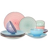 Selamica Ceramic 12-Pieces Dinnerware Sets, Kitchen Ceramic Plates and Bowls Sets, Dishes Set Ser...