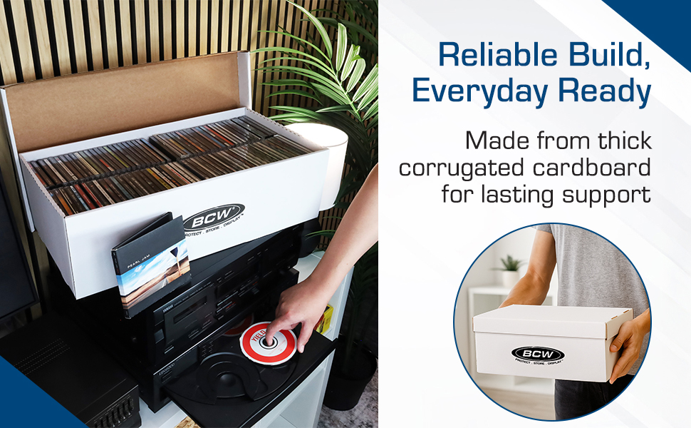 Open BCW CD box on stereo with thick cardboard build for long-term support and storage.