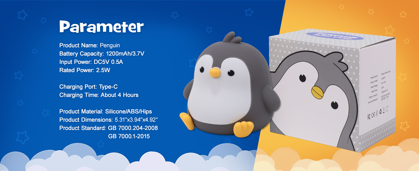 Greprety squishy penguin night light with rgb modes 3 brightness timer