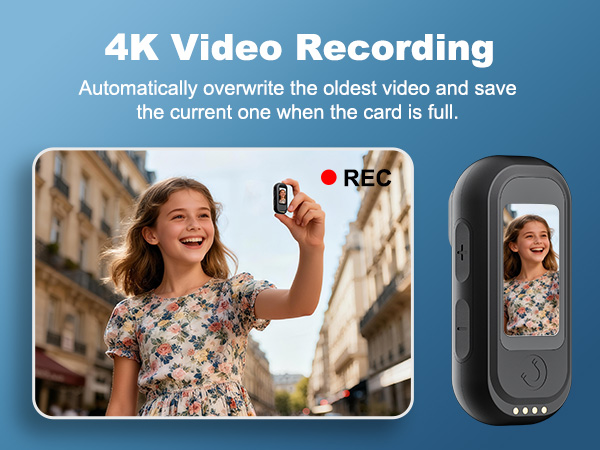 Text reads '4K Video Recording' and 'Automatically overwrite the oldest video and save the current one when the card is full.' Shows device interface with recording indicator.