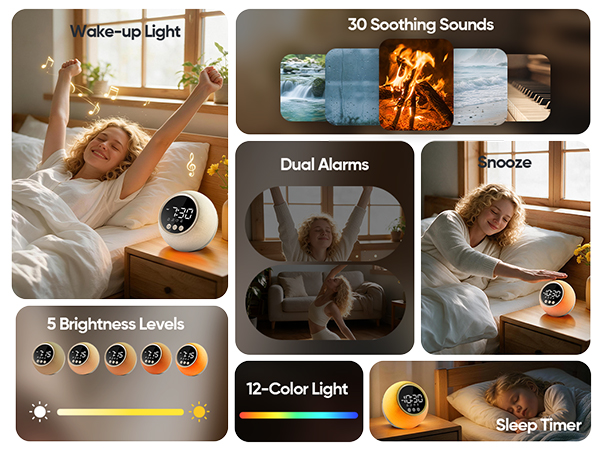 Text reads '32 Soothing Sounds', 'Dual Alarms', 'Snooze', '5 Brightness Levels', '10-Color Light', 'Sleep Timer'. Collage showing alarm clock device in various settings with people sleeping, featuring sound options and ambient lighting features.