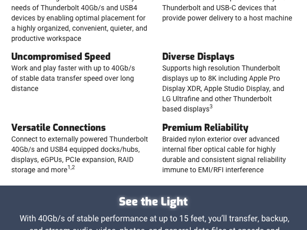 USB4 THUNDERBOLT 3 4 OPTICAL CABLE HIGH SPEED HIGH RES RESOLUTION 8K DURABLE BRAIDED LONG 40GB/S