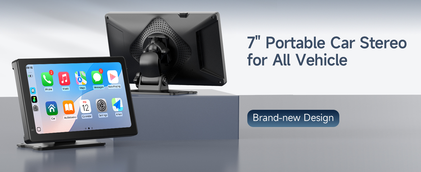 Text reads '7" Portable Car Stereo for All Vehicle'. Product photo shows a car stereo unit with display screen and control interface.