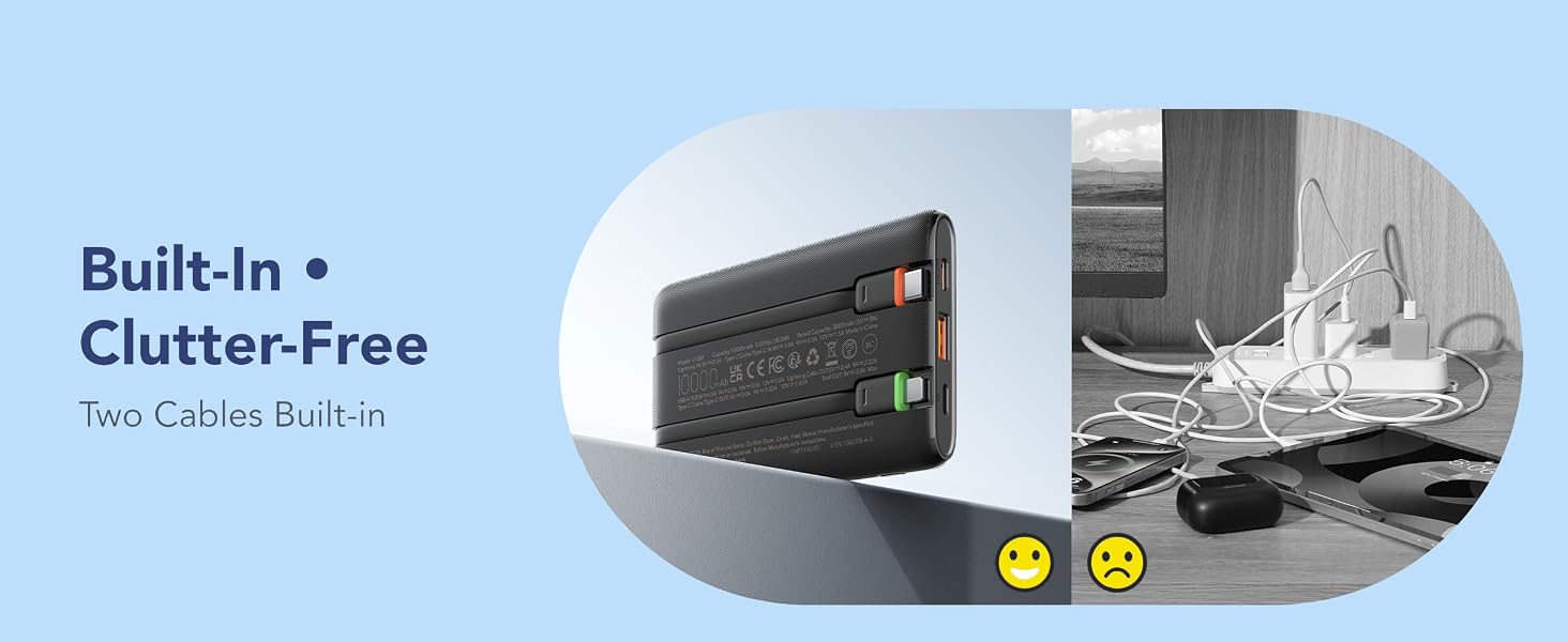 Slim 10000mAh Power Bank with Built-in Cables (USB Type C &amp;amp;amp;amp; Lightning Cable)