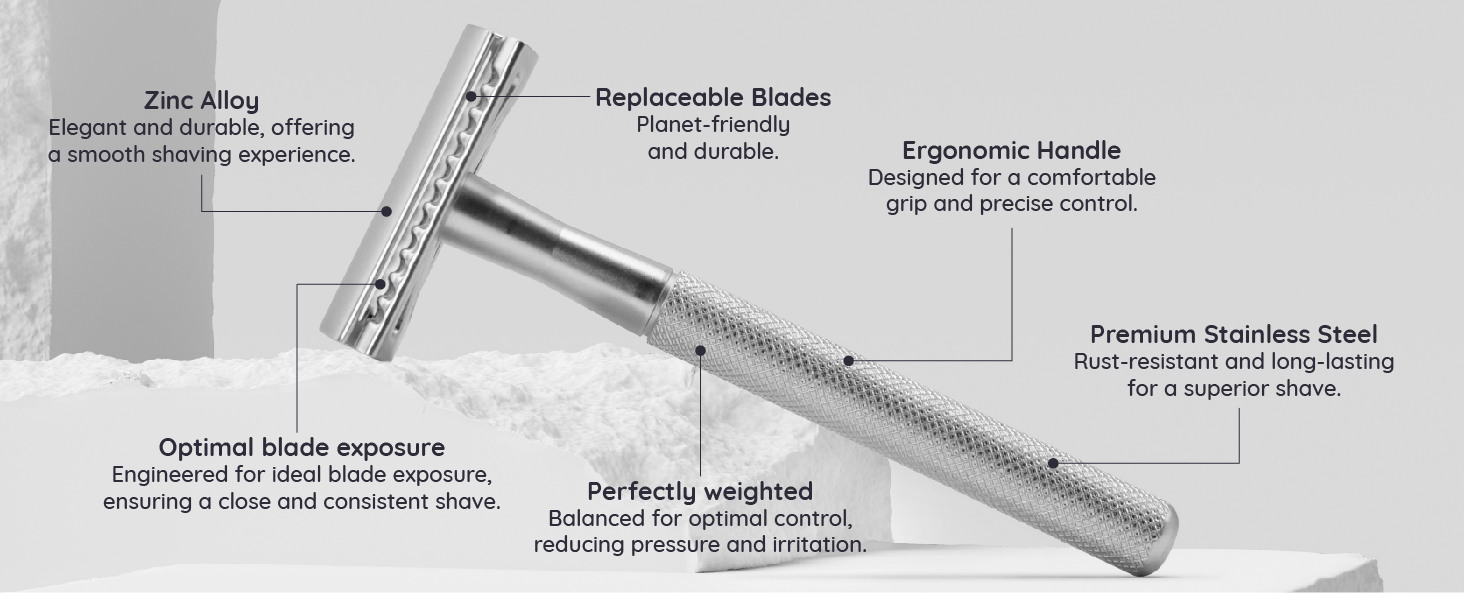 Stainless steel safety razor with replaceable blades