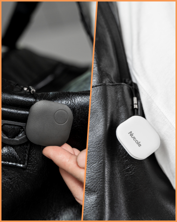 a person holding a small grey device on a black leather bag.