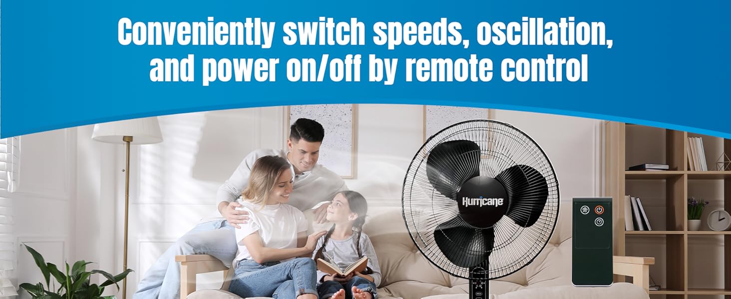 Hurricane Supreme 16" 3 Speed Oscillating Stand Pedestal Fan with Remote, Black