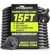 15FT Marine Shore Power Cord 30 Amp, NEMA L5-30P to L5-30R Twist Lock, 125V 10AWG SJTW Extension ...