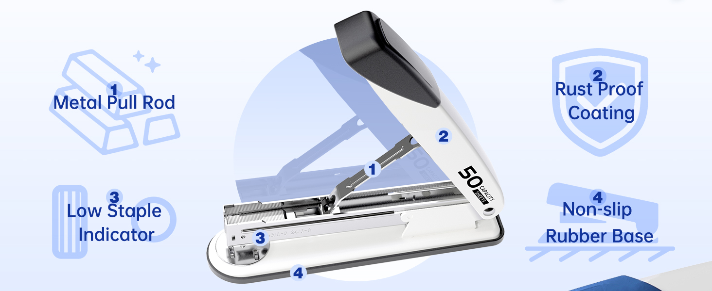 Rust Proof Coating, Metal Pull Rod, Non-slip Rubber Base, Low Staple Indicator