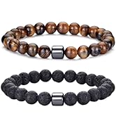 RANKEEF Mens Beaded Bracelets Set 8MM Tiger Eye Lava Stone Stretch Natural Stone Men's Bead Brace...
