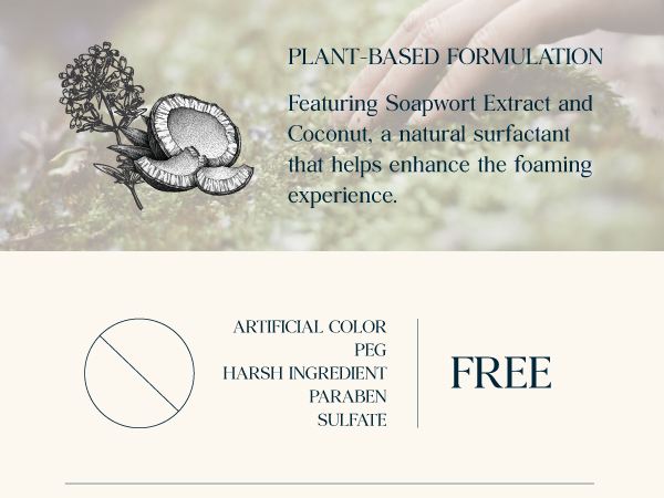 PLANT-BASED FORMULATION, no ARTIFICIAL COLOR, no PEG, No HARSH INGREDIENT, No PARABEN, No SULFATE