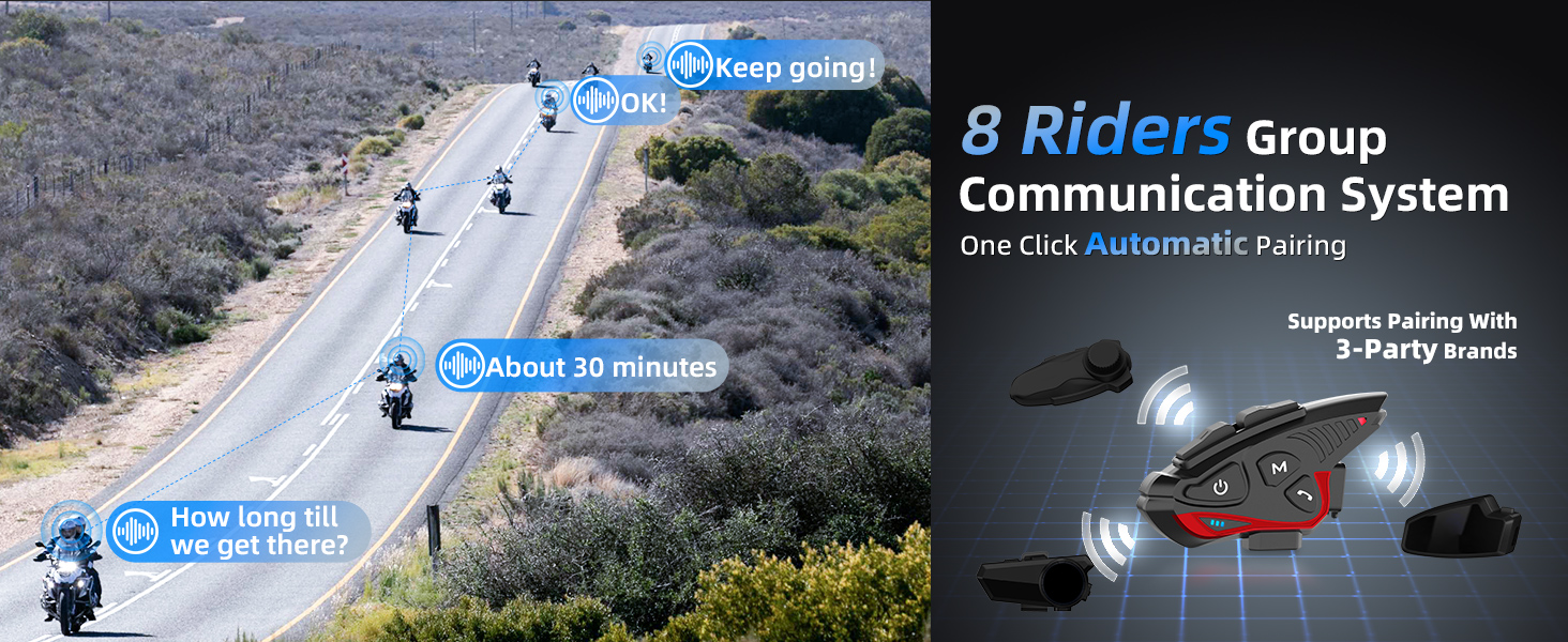 Motorcycle communication system diagram showing 8-rider group connectivity features, overlaid on winding mountain road image.