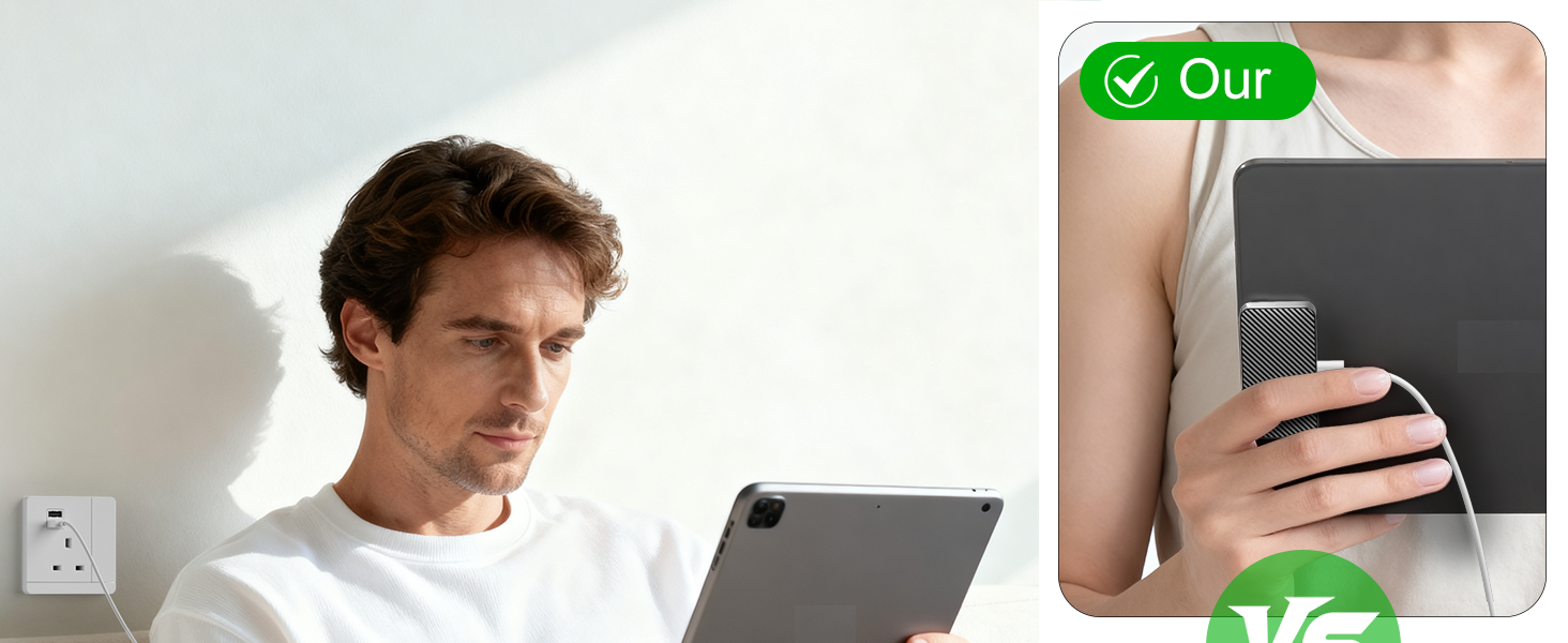 Text reads: 'Our'. Man wearing white t-shirt holding dark tablet device; green checkmark icon visible in top right corner.
