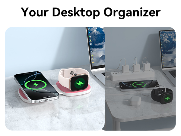 Text reads 'Your Desktop Organizer'. Multiple product shots showing a white charging station with multiple device slots holding smartphones and smartwatches displaying green charging indicators.