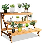 3 Tier Wood Plant Stand Indoor Outdoor, Ladder Multi Tiered Plant Holder Stand, Wooden Large Plan...