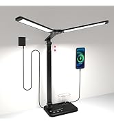 Woputne LED Desk Lamp, Dual Heads, Height Adjustable, USB Charging Port, 5 Light Modes &amp; Dimmable...