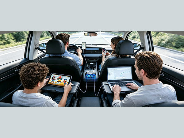 Family road trip essential car charger powering kids tablets, gaming consoles, and parents phones.