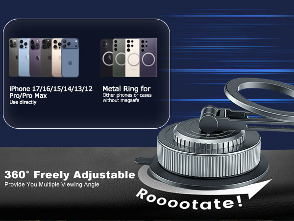 Compatible with iPhone 12–17 Pro/Max. Works with non-MagSafe phones &amp;amp; cases. 360° adjustable angle