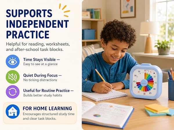 Text reads "SUPPORTS INDEPENDENT PRACTICE - Helpful for reading, worksheets, and after-school task blocks", "Time Story Value", "Useful for Routine Practice", "FOR HOME LEARNING". Child studying with colorful educational materials and activity blocks illustrated with four circular icons.