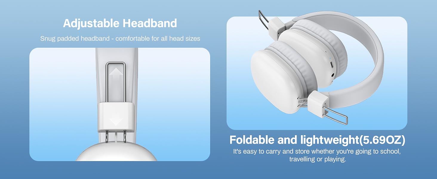 White headphones with adjustable headband and foldable design, featuring lightweight construction at 69oz and soft cushioning.