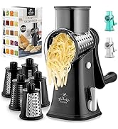 Rotary Cheese Grater with Handle &amp; Upgraded Suction Base - Cheese Shredder with 5 Interchangeable...