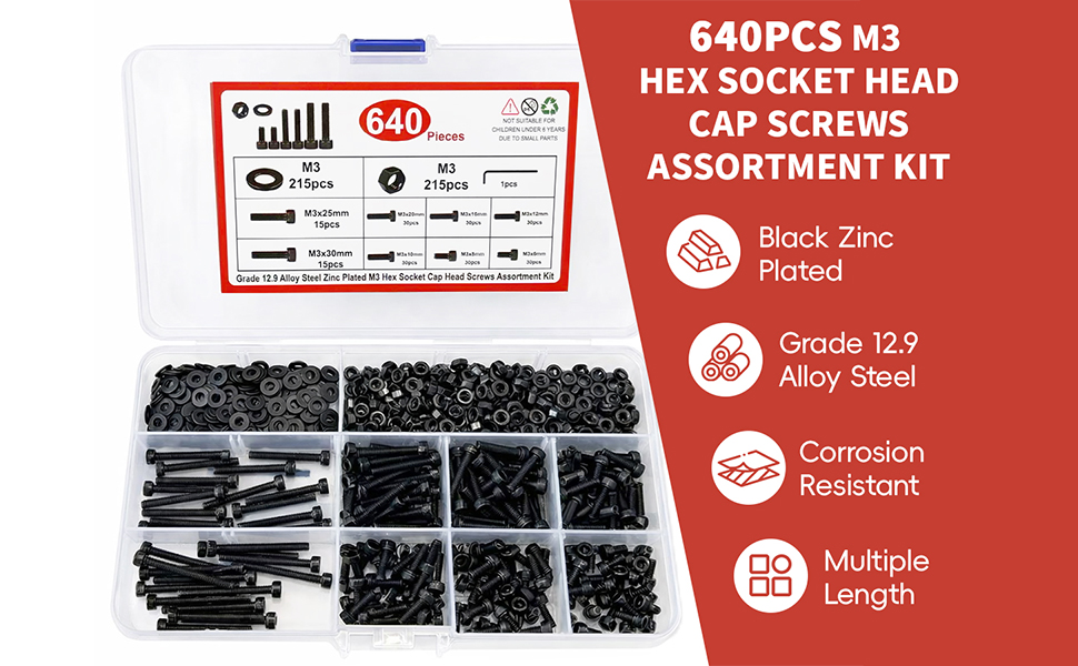 M3 Screws Assortment kit, M3x30mm Black Metric Screw Assortment Set with Bolts and Nuts