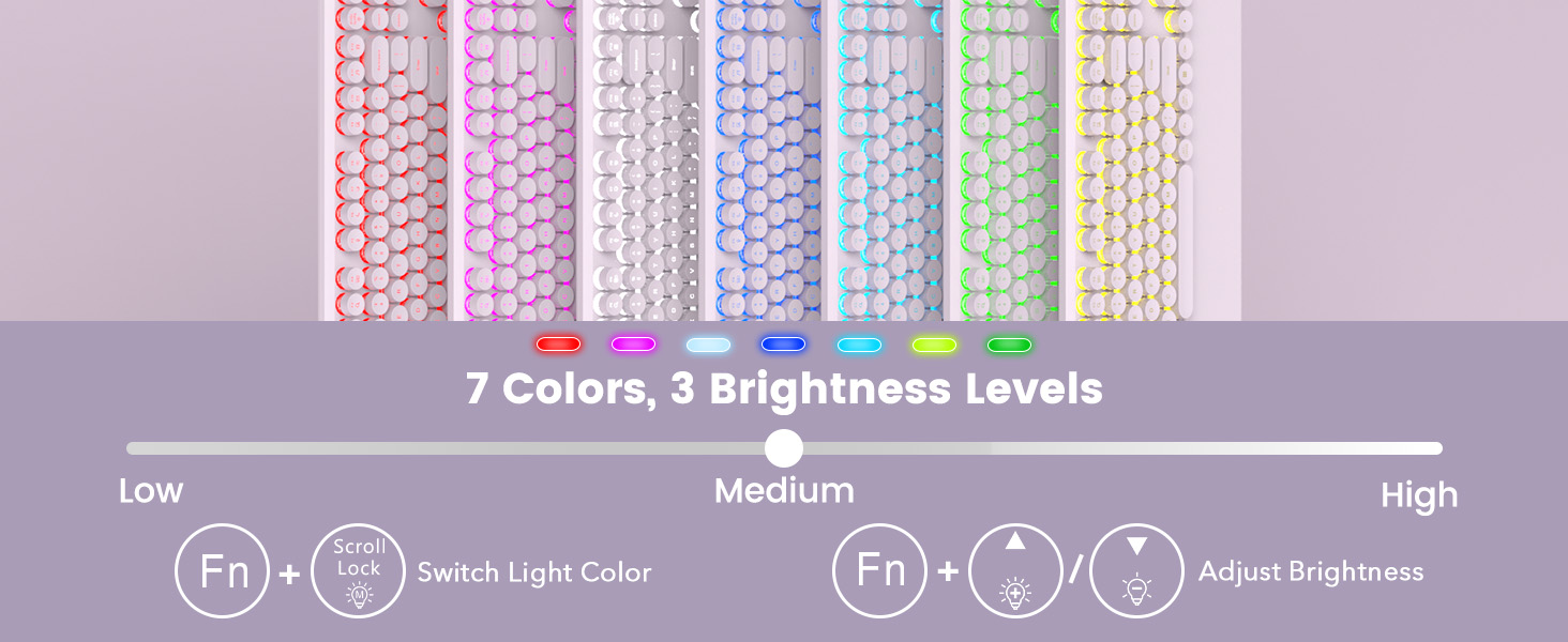Backlit keyboard lighting showing 7 colors, 3 brightness levels, and Fn key for adjusting light