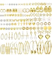 75 Pairs Gold Stud Earrings Set for Women, Trendy Hypoallergenic Pearl Cubic Zirconia Multiple Pi...