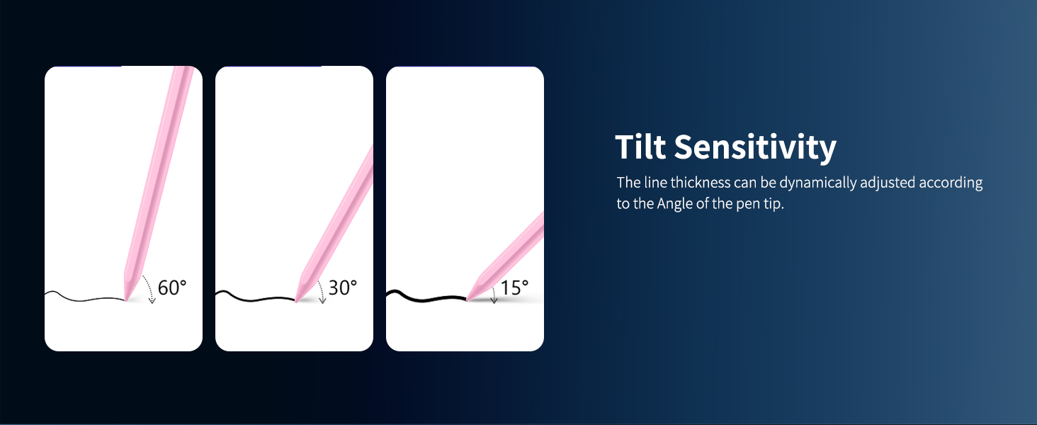 Tilt sensitivity – Angle alters line: 60° thin, 30° medium, 15° thick for shading effects.