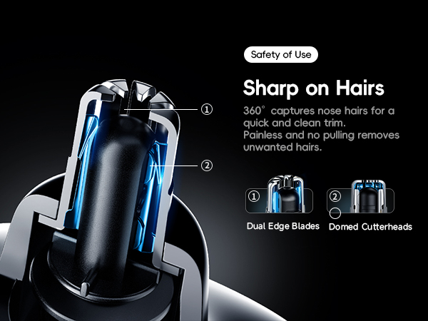 Close-up product diagram of an electric shaver featuring dual-edge blades and domed cutterheads, highlighting 360° nose hair capture functionality.