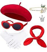 Zhanmai 6 Pcs Red Beret Hat Set Women Girls French Themed Party Beret Hat Retro Chiffon Scarf Ova...