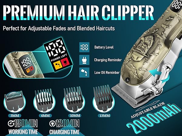 Text reads 'PREMIUM HAIR CLIPPER', 'WORKING TIME', 'CHARGING TIME'. Product advertisement showing electric hair clipper with multiple attachment heads and charging indicators.
