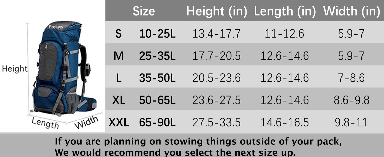 If you want to stowing things outside of your pack, We would recommend you select the next size up.